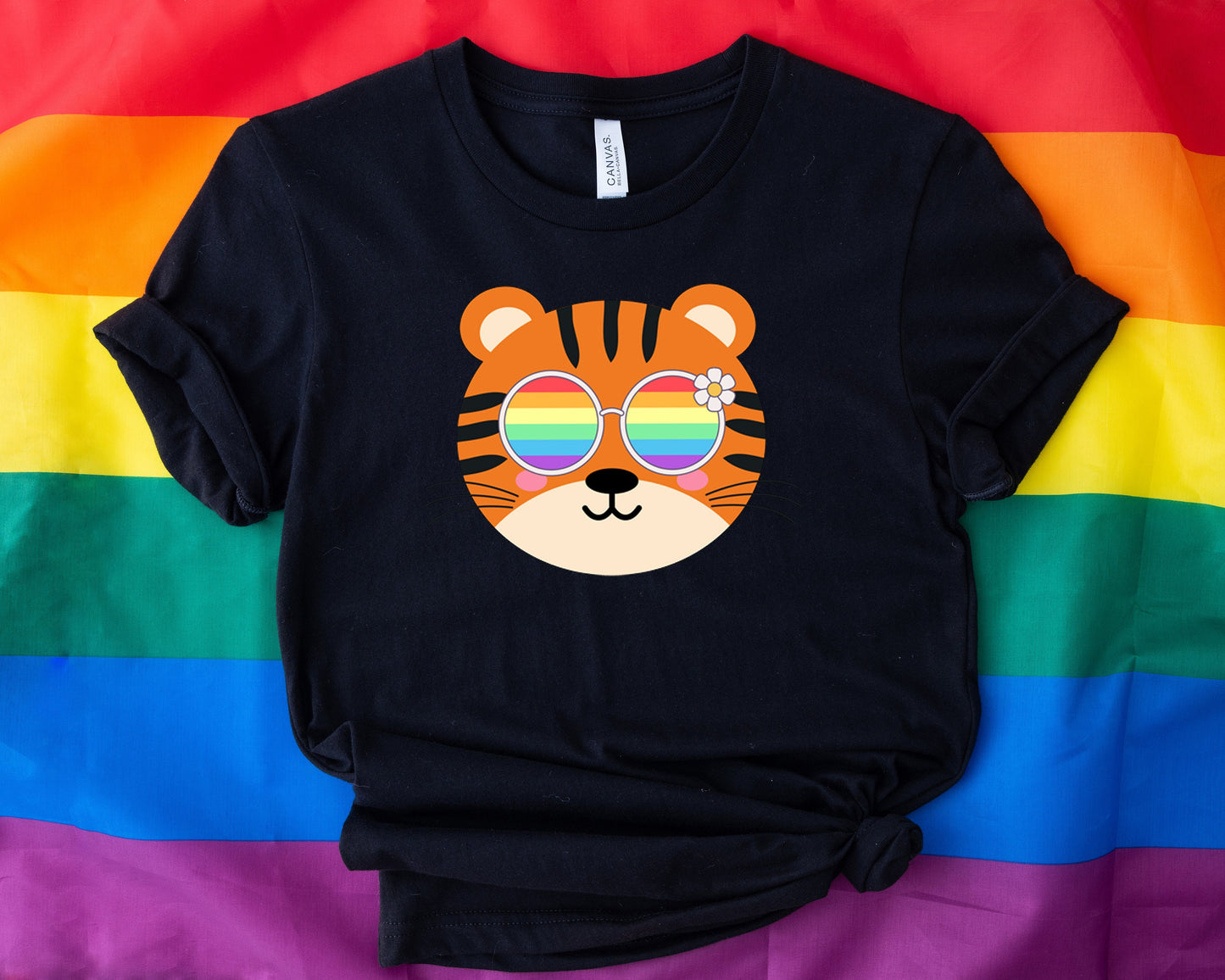 cute tiger rainbow glasses shirt blue hat, Rainbow glasses on an adorable tiger, precious tiger showing off pride. Beautiful pride tiger
