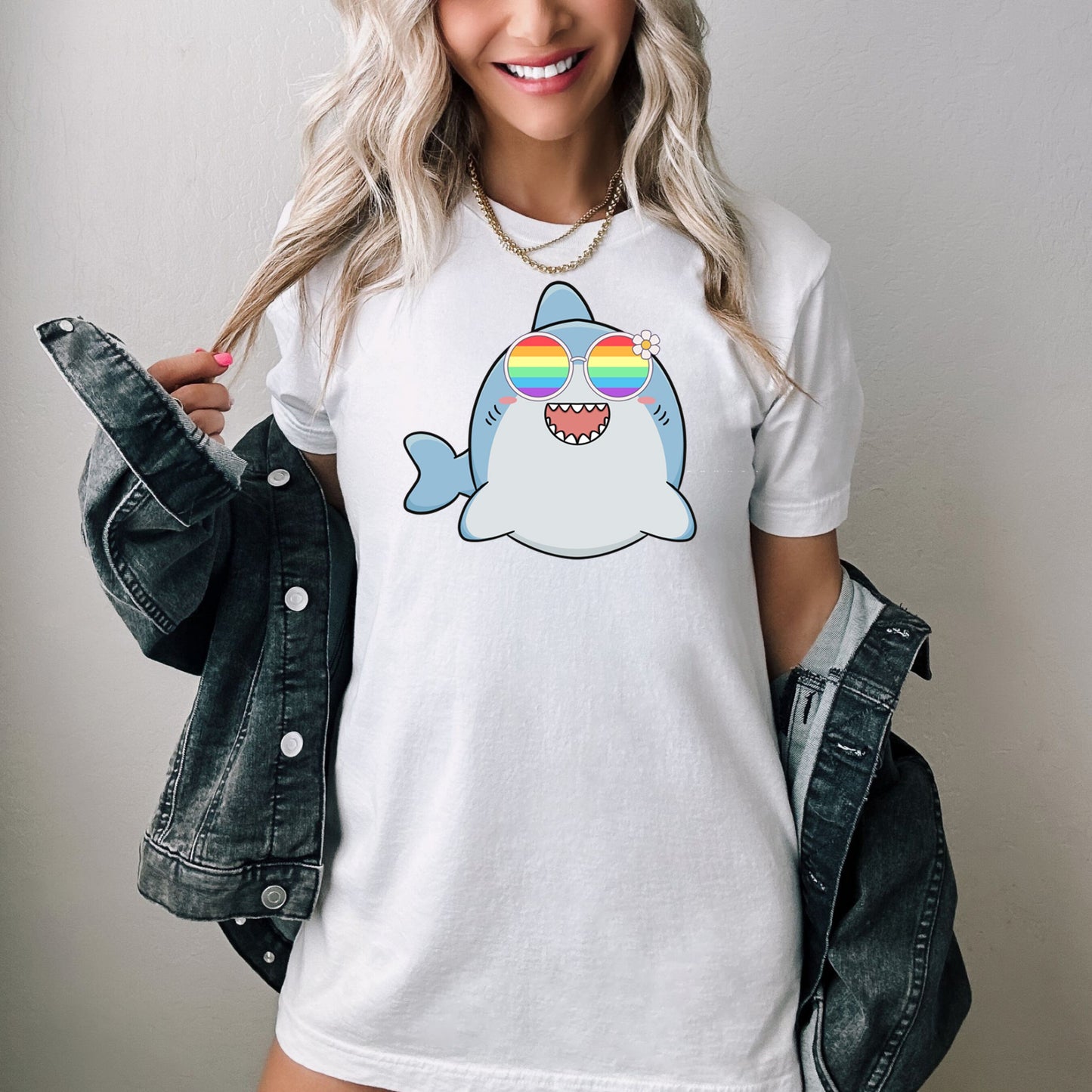 cute shark rainbow glasses shirt blue hat, Rainbow glasses on an adorable shark, precious shark showing off pride. Beautiful pride shark