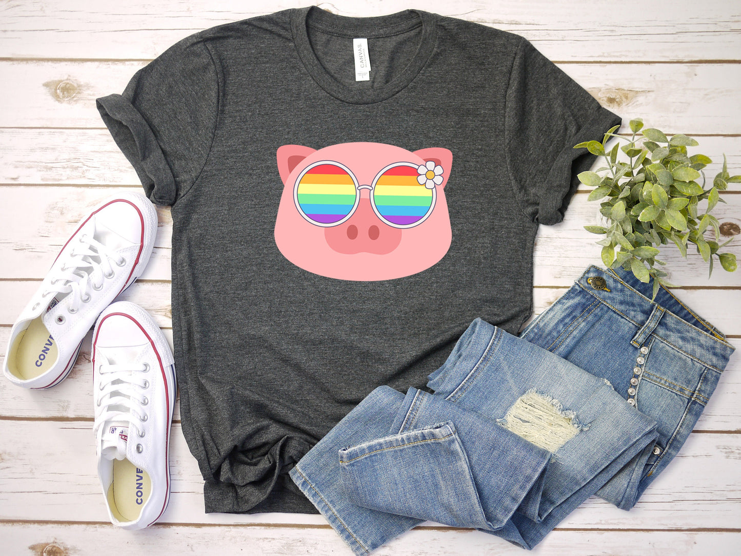 Super cute piggy rainbow glasses blue hat shirt, Rainbow glasses on an adorable pig, precious pig showing off pride. Beautiful pride pig