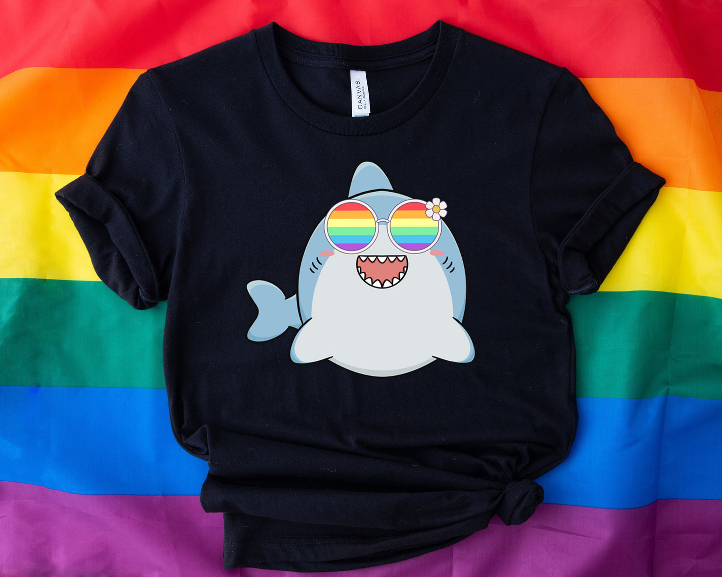 cute shark rainbow glasses shirt blue hat, Rainbow glasses on an adorable shark, precious shark showing off pride. Beautiful pride shark