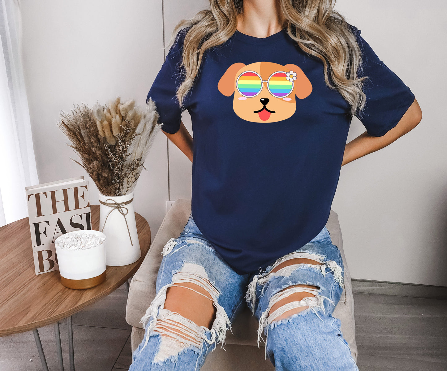 Super cute dog with rainbow glasses shirt blue hat, Rainbow glasses on an adorable dog, precious dog showing off pride. Beautiful pride dog
