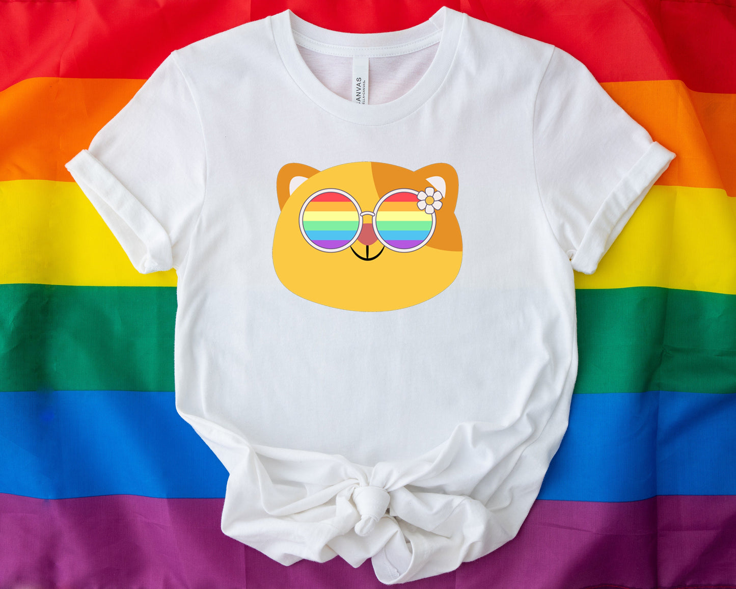 Super cute cat with rainbow glasses shirt blue hat, Rainbow glasses on an adorable cat, precious cat showing off pride. Beautiful pride cat