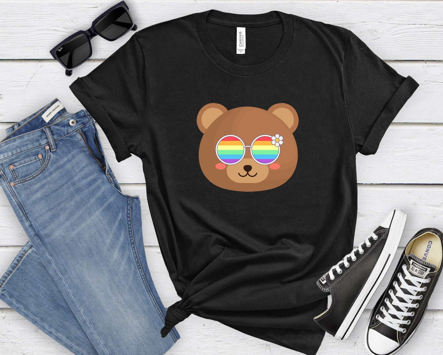 cute bear with rainbow glasses shirt blue hat, Rainbow glasses on an adorable bear, precious bear showing off pride. Beautiful pride bear