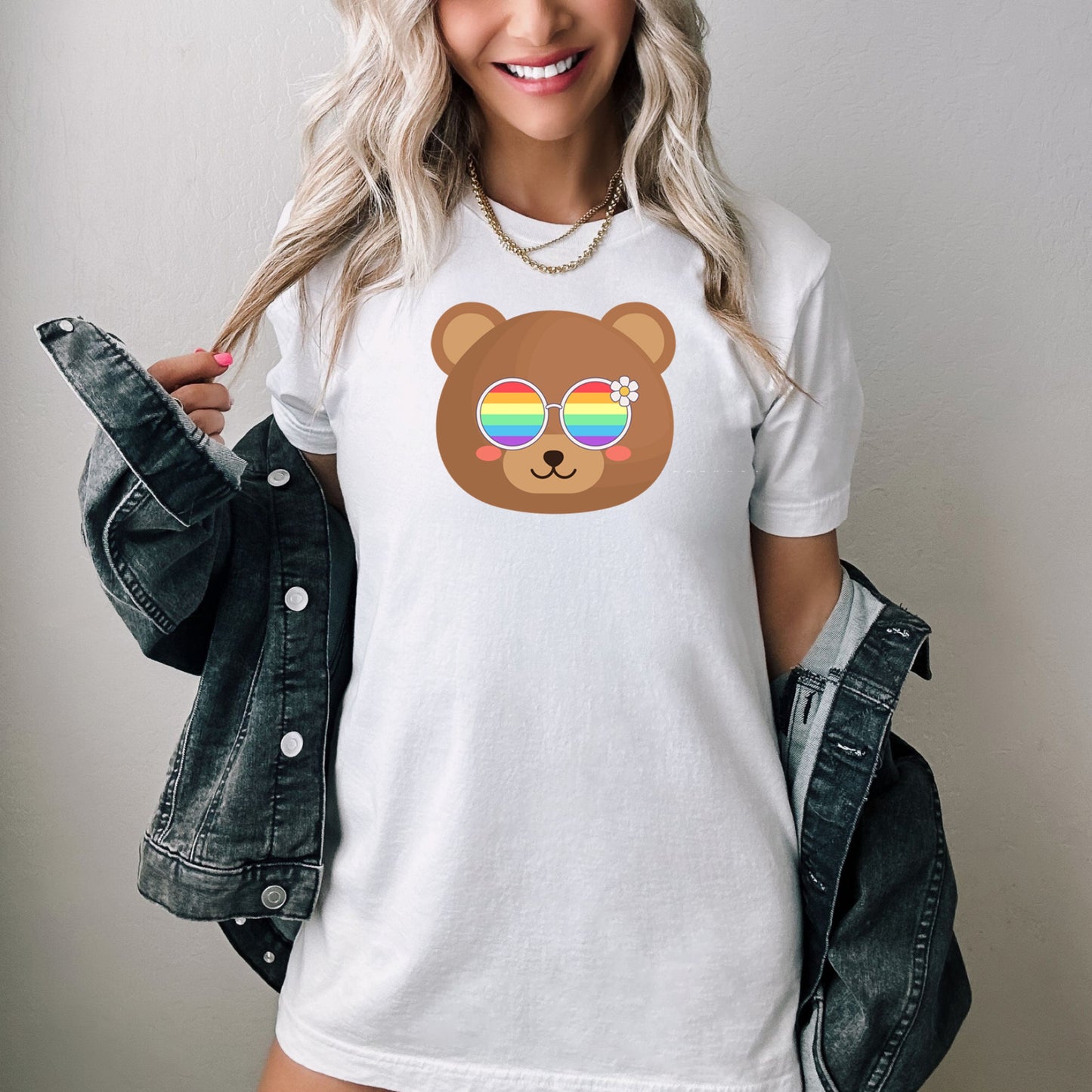 cute bear with rainbow glasses shirt blue hat, Rainbow glasses on an adorable bear, precious bear showing off pride. Beautiful pride bear