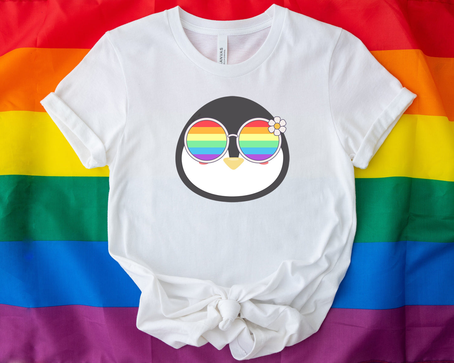 cute penguin with rainbow glasses shirt, Rainbow glasses on an adorable penguin, precious penguin showing off pride. Beautiful pride penguin