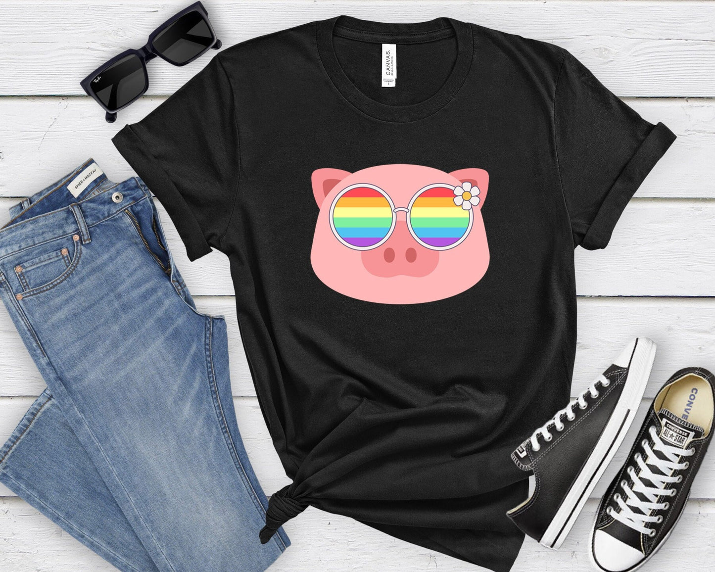 Super cute piggy rainbow glasses blue hat shirt, Rainbow glasses on an adorable pig, precious pig showing off pride. Beautiful pride pig