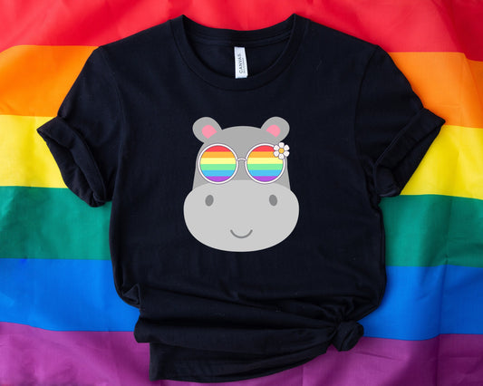 Super cute hippo with rainbow glasses shirt, Rainbow glasses on an adorable hippo, precious hippo showing off pride. Beautiful pride hippo