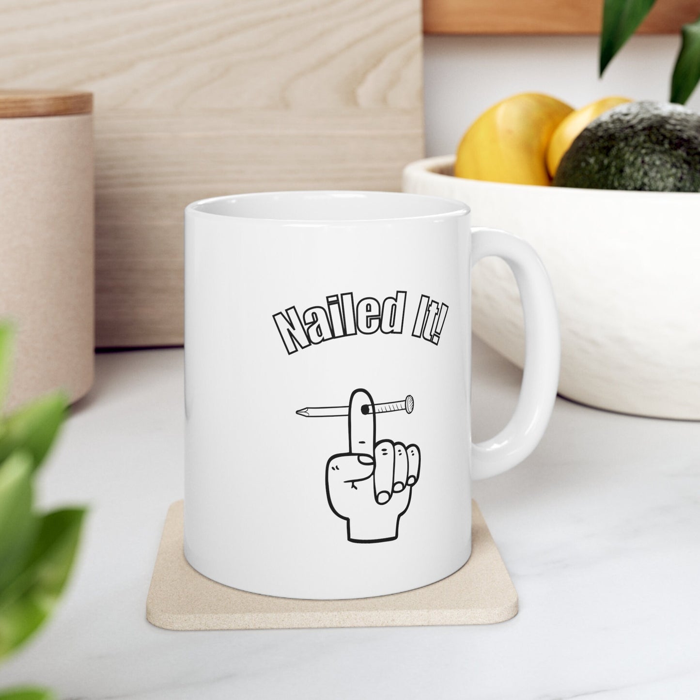 Nailed it coffee mug, Nail through finger coffee mug, Handyman coffee mug, carpenters nailed it coffee mug, project completing coffee mug