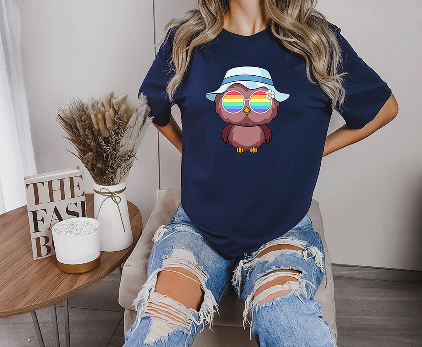 Super cute owl with rainbow glasses shirt blue hat, Rainbow glasses on an adorable owl, precious owl showing off pride. Beautiful pride owl
