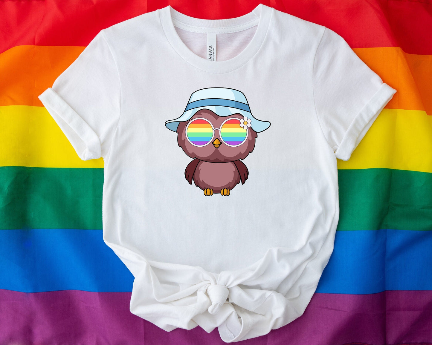 Super cute owl with rainbow glasses shirt blue hat, Rainbow glasses on an adorable owl, precious owl showing off pride. Beautiful pride owl