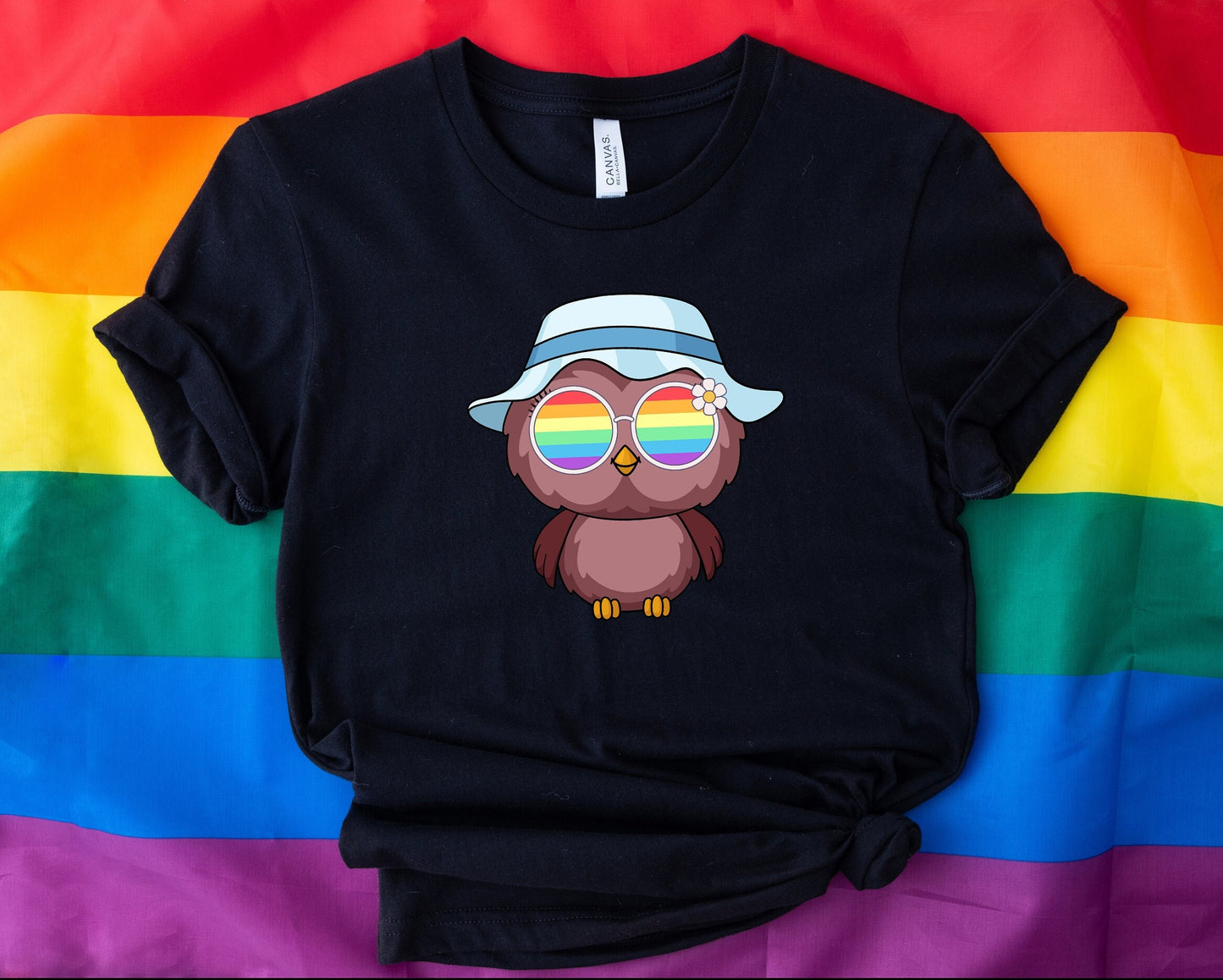 Super cute owl with rainbow glasses shirt blue hat, Rainbow glasses on an adorable owl, precious owl showing off pride. Beautiful pride owl