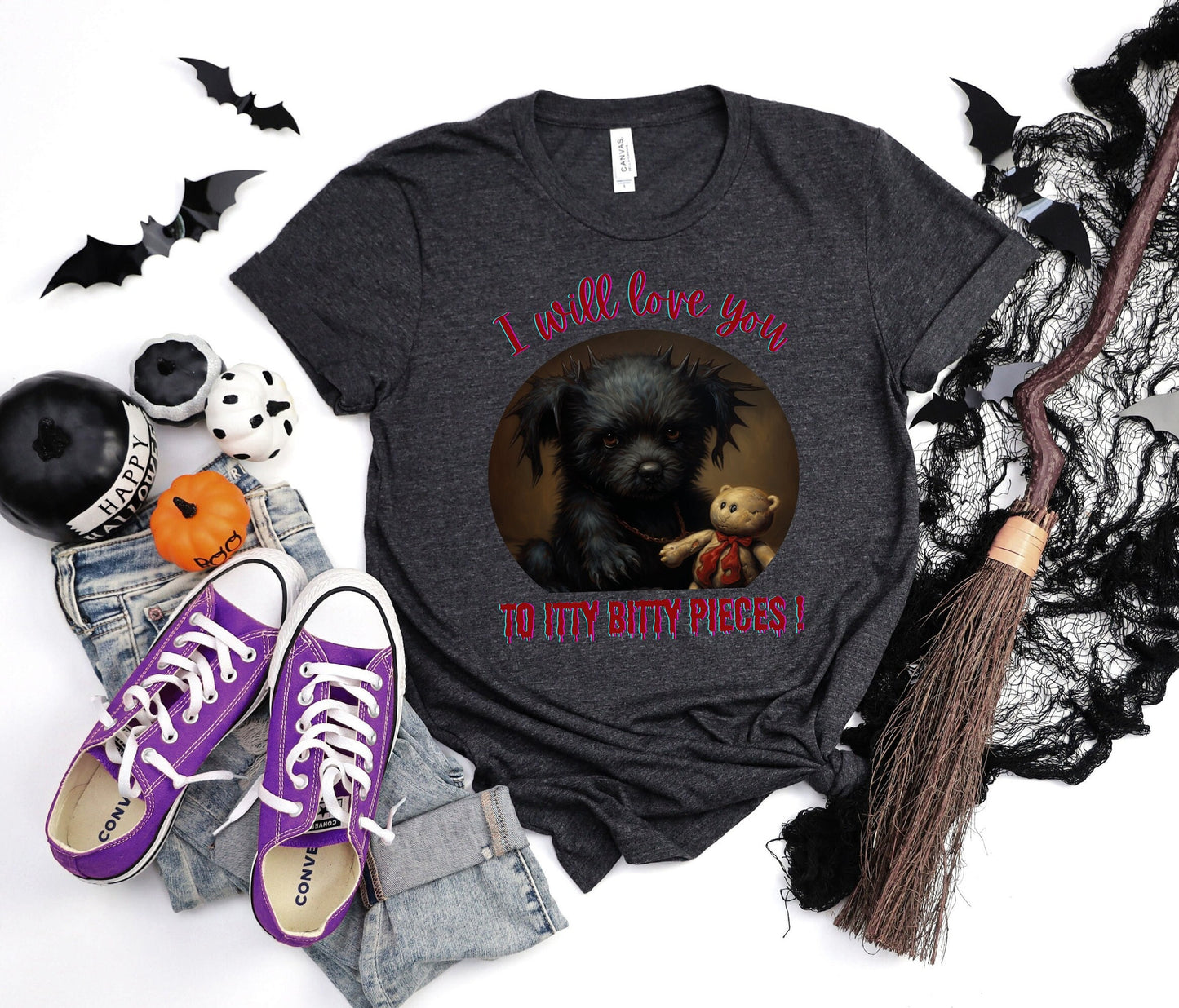 Halloween Puppy With Evil Intentions Shirt, I Love You To Itty Bitty Pieces Shirt, Cute Black dog with a dark secret shirt, creepy puppy tee
