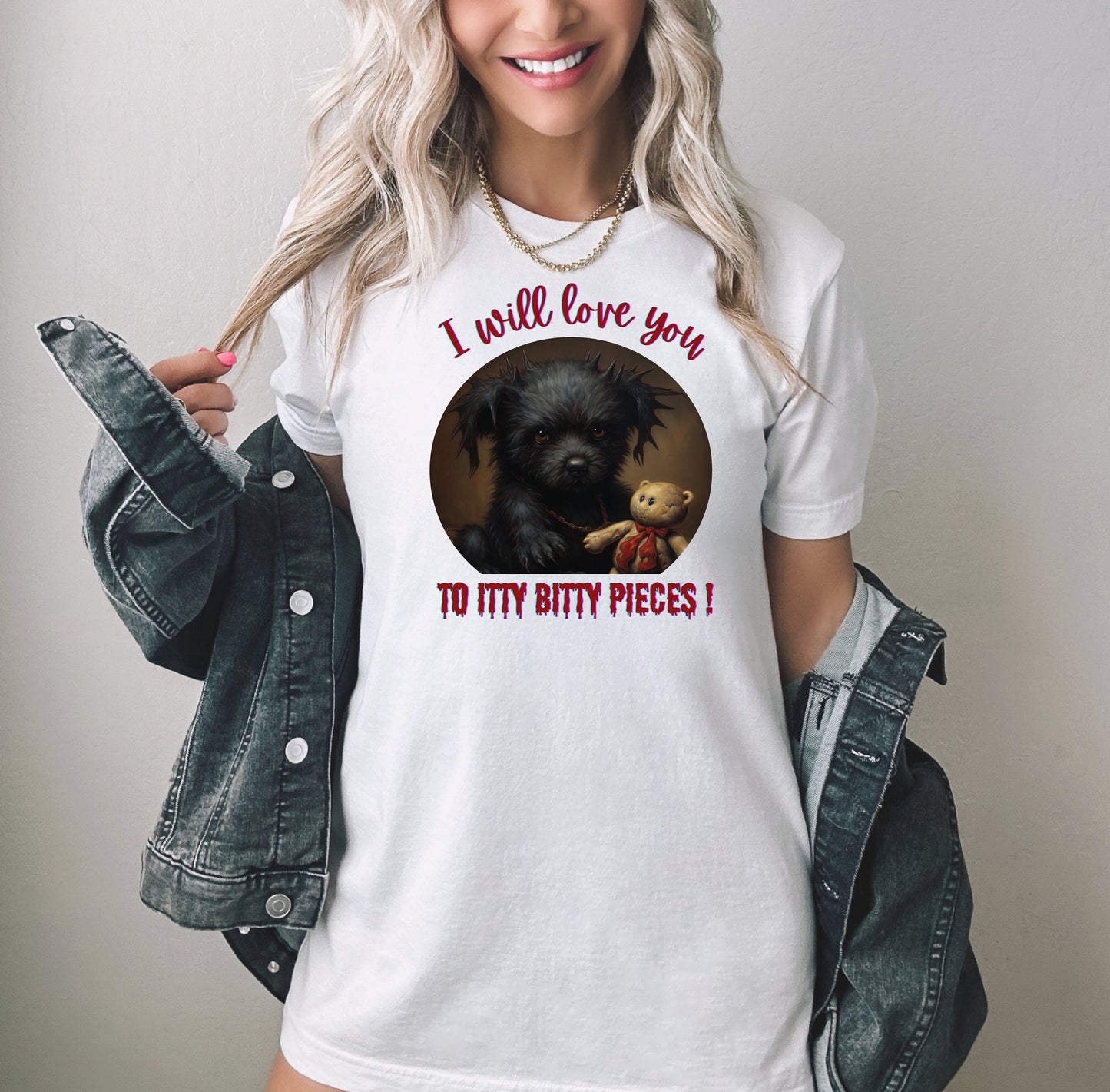 Halloween Puppy With Evil Intentions Shirt, I Love You To Itty Bitty Pieces Shirt, Cute Black dog with a dark secret shirt, creepy puppy tee