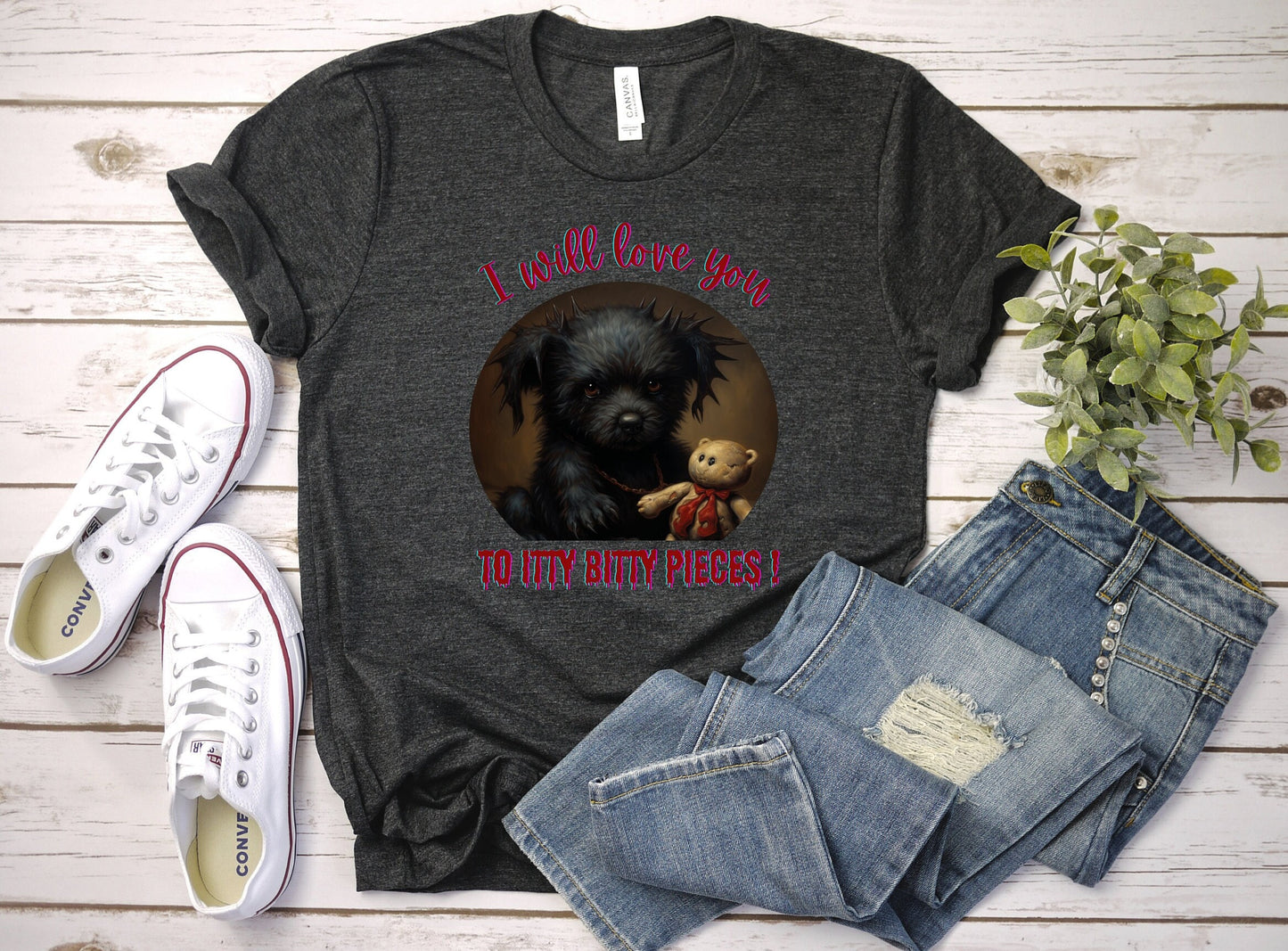 Halloween Puppy With Evil Intentions Shirt, I Love You To Itty Bitty Pieces Shirt, Cute Black dog with a dark secret shirt, creepy puppy tee