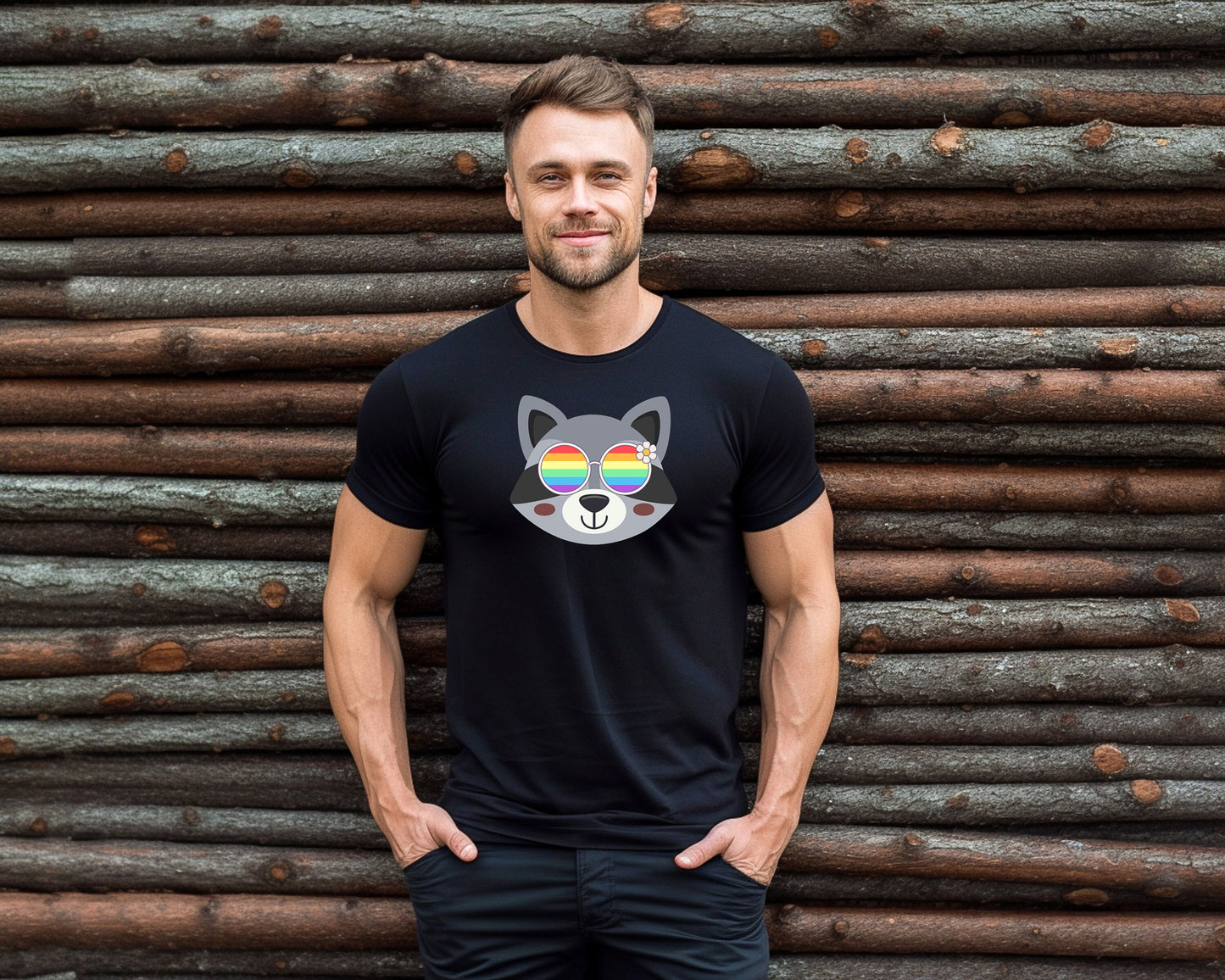 cute racoon with rainbow glasses shirt, Rainbow glasses on an adorable racoon, precious racoon showing off pride. Beautiful pride racoon