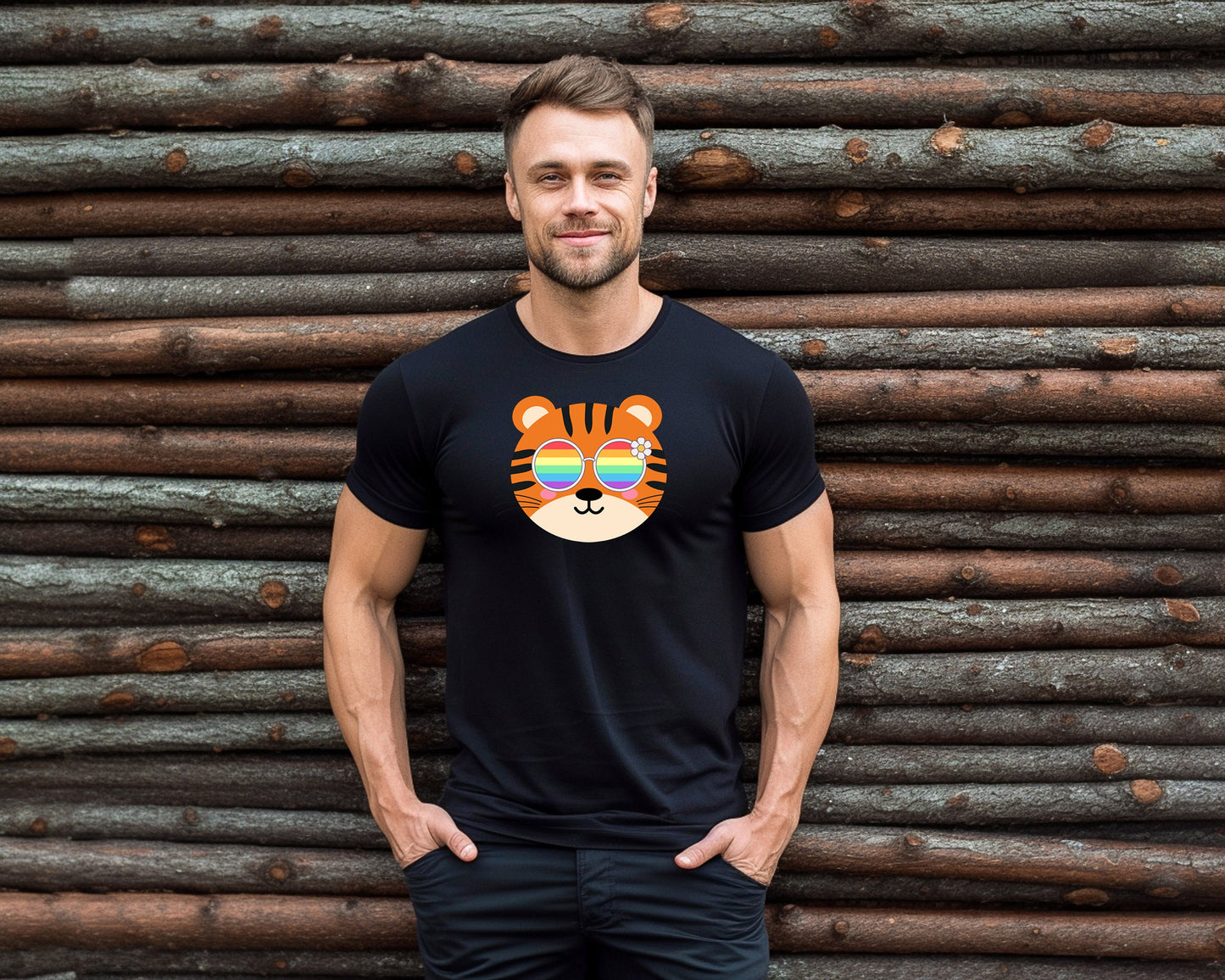 cute tiger rainbow glasses shirt blue hat, Rainbow glasses on an adorable tiger, precious tiger showing off pride. Beautiful pride tiger