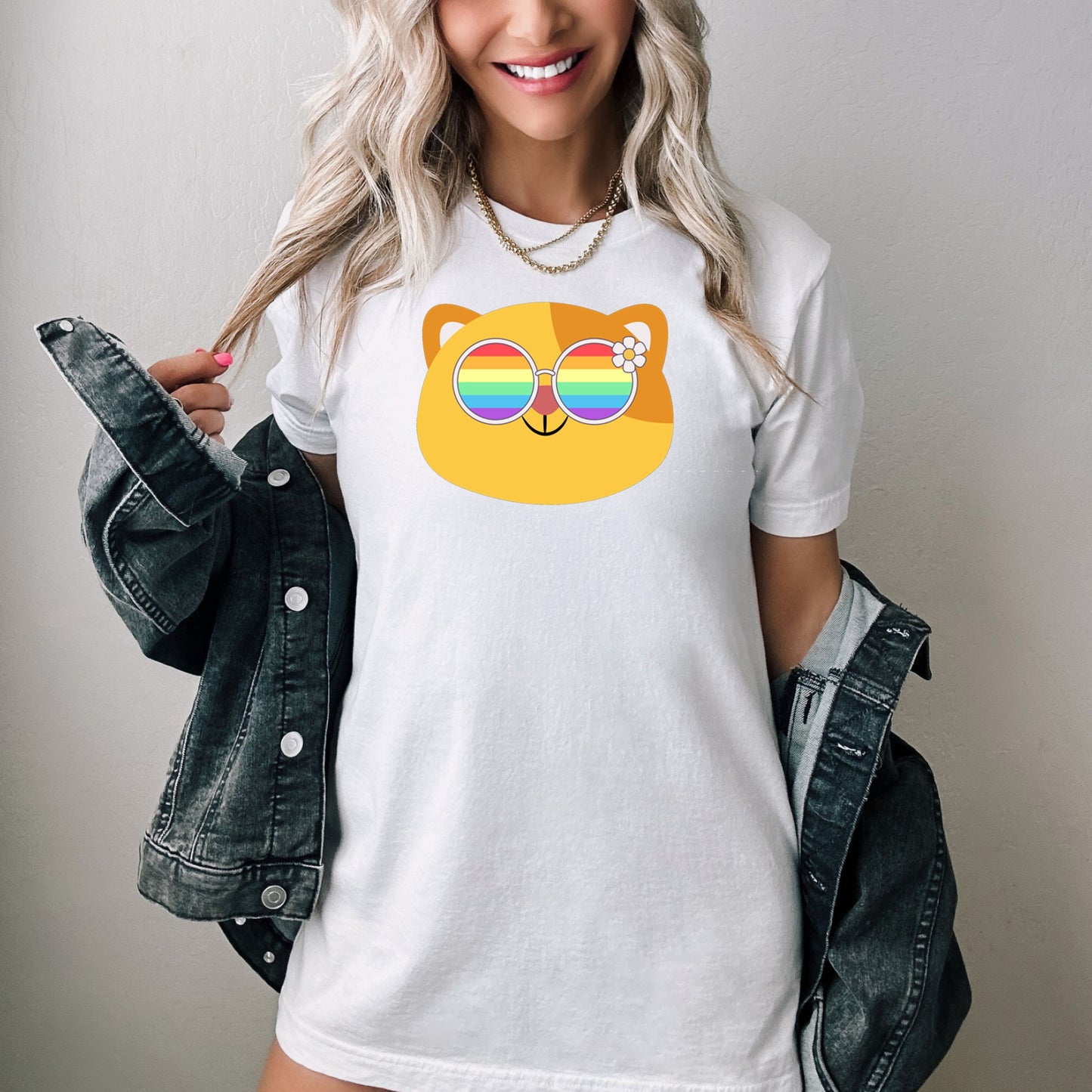 Super cute cat with rainbow glasses shirt blue hat, Rainbow glasses on an adorable cat, precious cat showing off pride. Beautiful pride cat