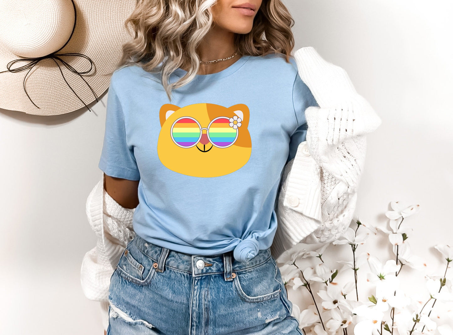 Super cute cat with rainbow glasses shirt blue hat, Rainbow glasses on an adorable cat, precious cat showing off pride. Beautiful pride cat
