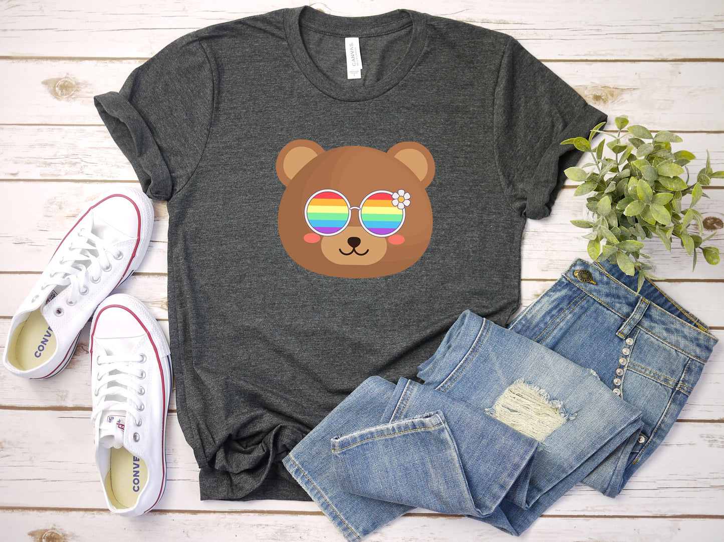 cute bear with rainbow glasses shirt blue hat, Rainbow glasses on an adorable bear, precious bear showing off pride. Beautiful pride bear