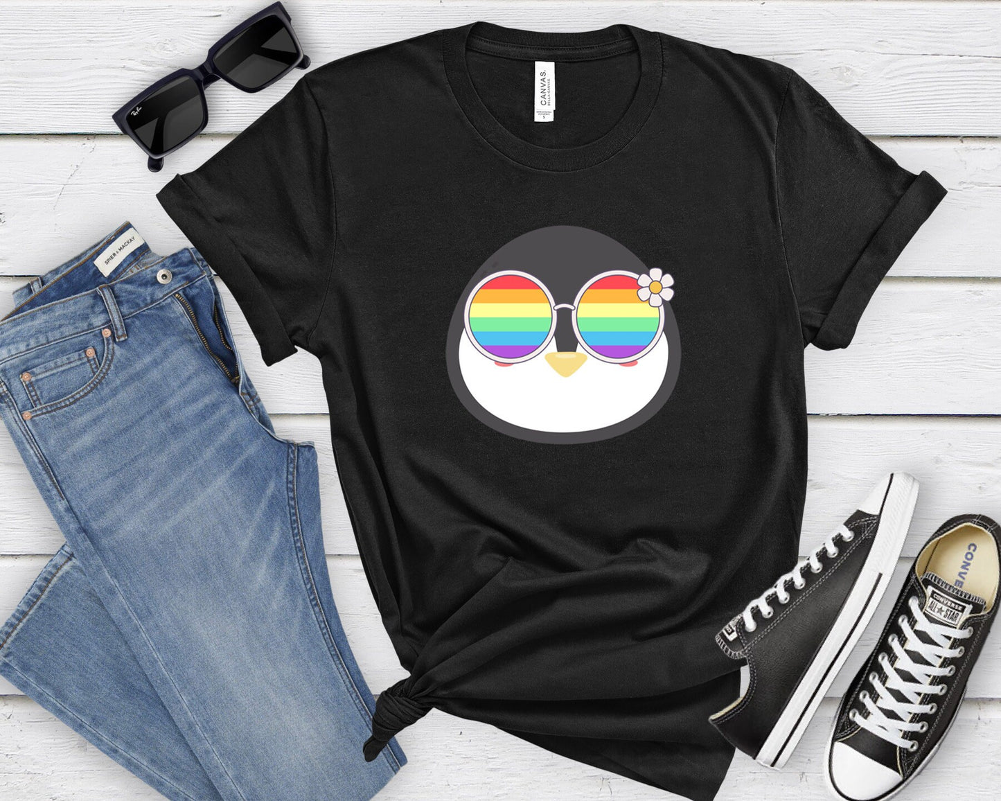 cute penguin with rainbow glasses shirt, Rainbow glasses on an adorable penguin, precious penguin showing off pride. Beautiful pride penguin
