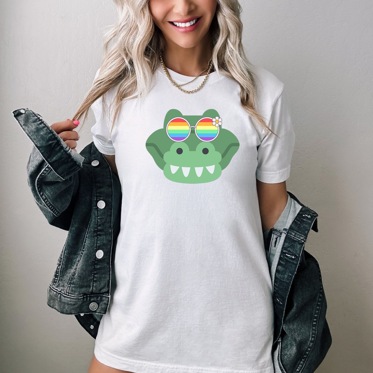 Super cute gator with rainbow glasses shirt, Rainbow glasses on an adorable gator, precious gator showing off pride. Beautiful pride gator