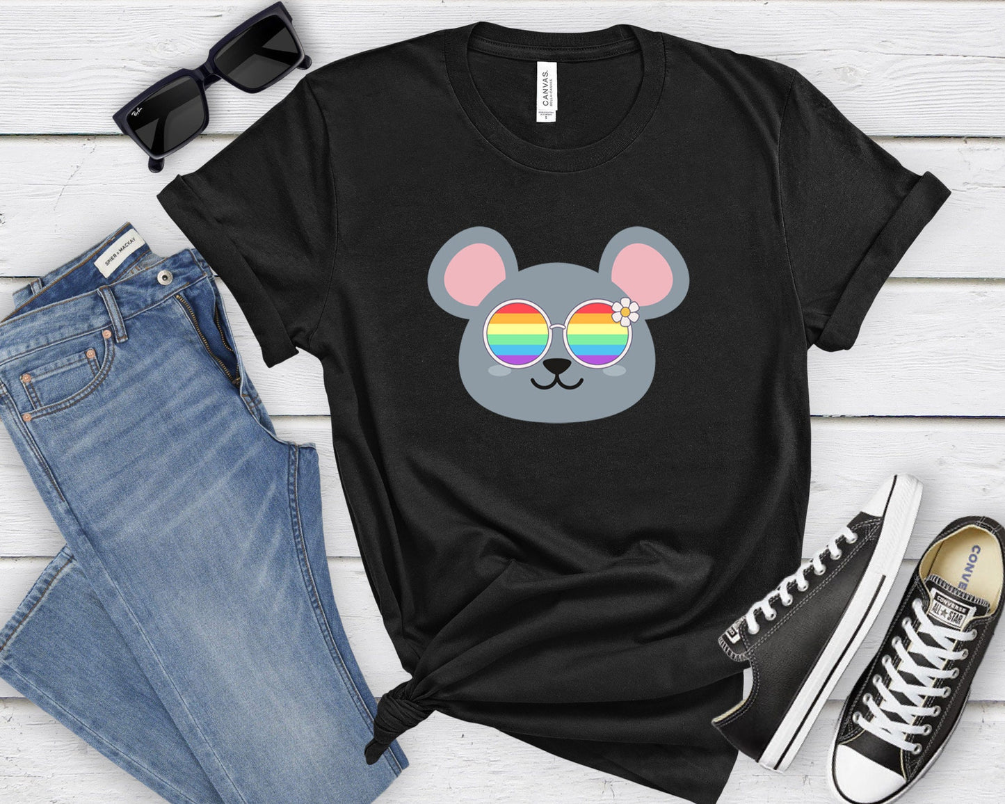 cute mouse rainbow glasses shirt blue hat, Rainbow glasses on an adorable mouse, precious mouse showing off pride. Beautiful pride mouse