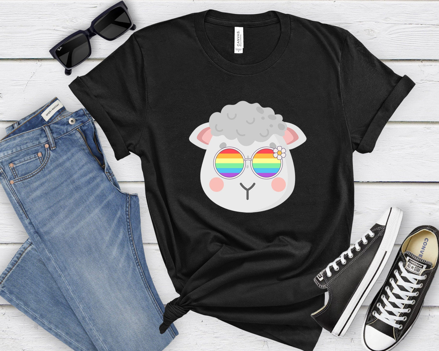 Super cute Sheep with rainbow glasses shirt, Rainbow glasses on an adorable Sheep, precious Sheep showing off pride. Beautiful pride Sheep