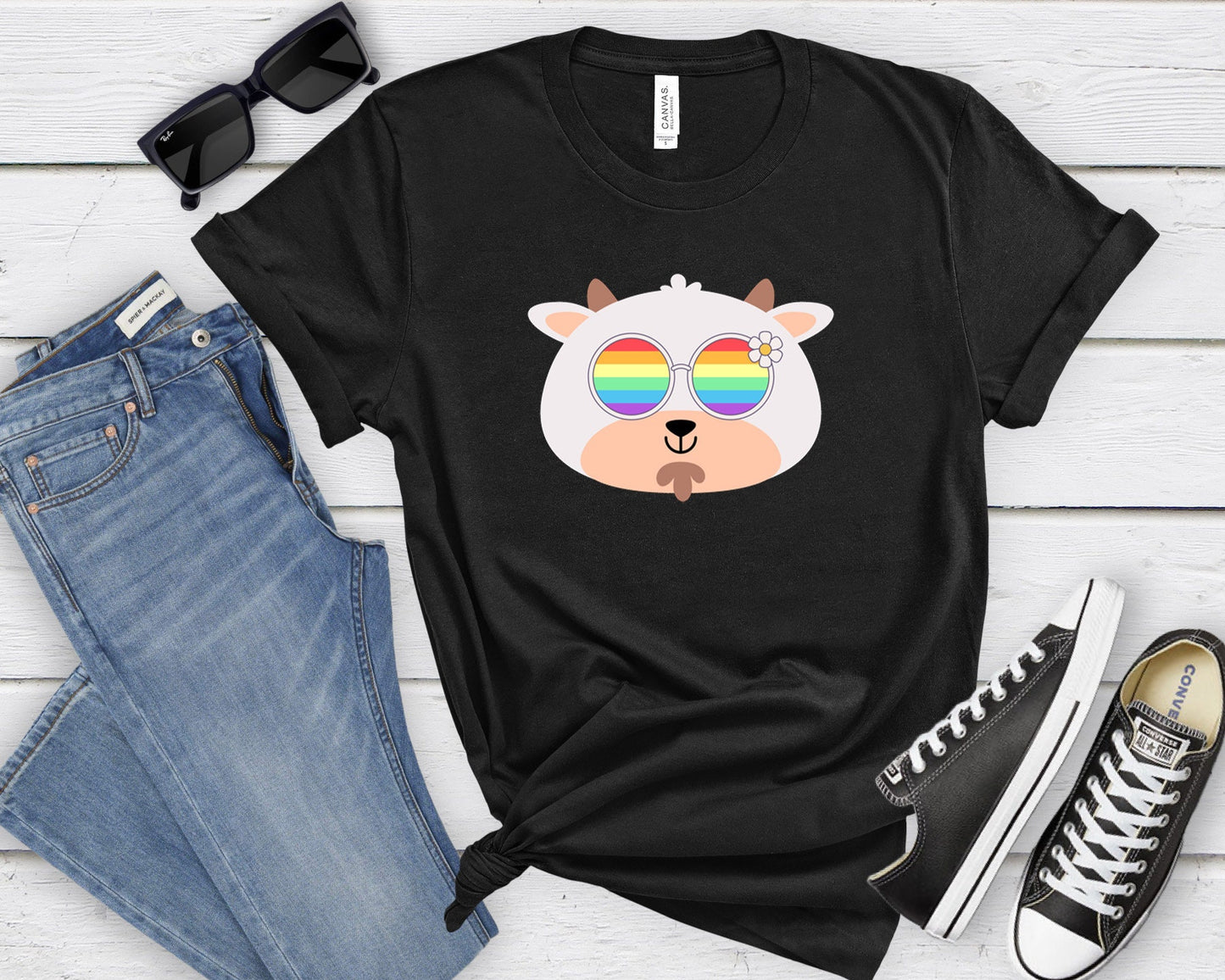 Super cute goat with rainbow glasses shirt, Rainbow glasses on an adorable goat, precious goat showing off pride. Beautiful pride goat