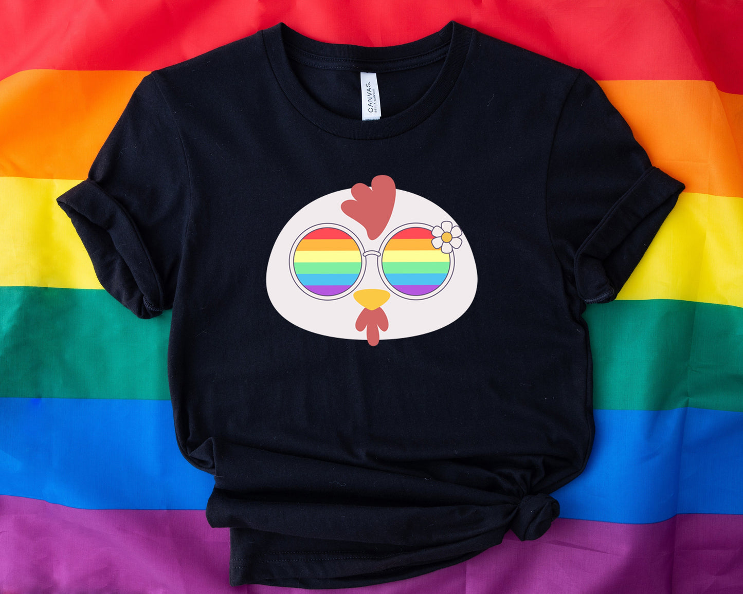 Super cute chicken rainbow glasses shirt, Rainbow glasses on adorable chicken, precious chicken showing off pride. Beautiful pride chicken