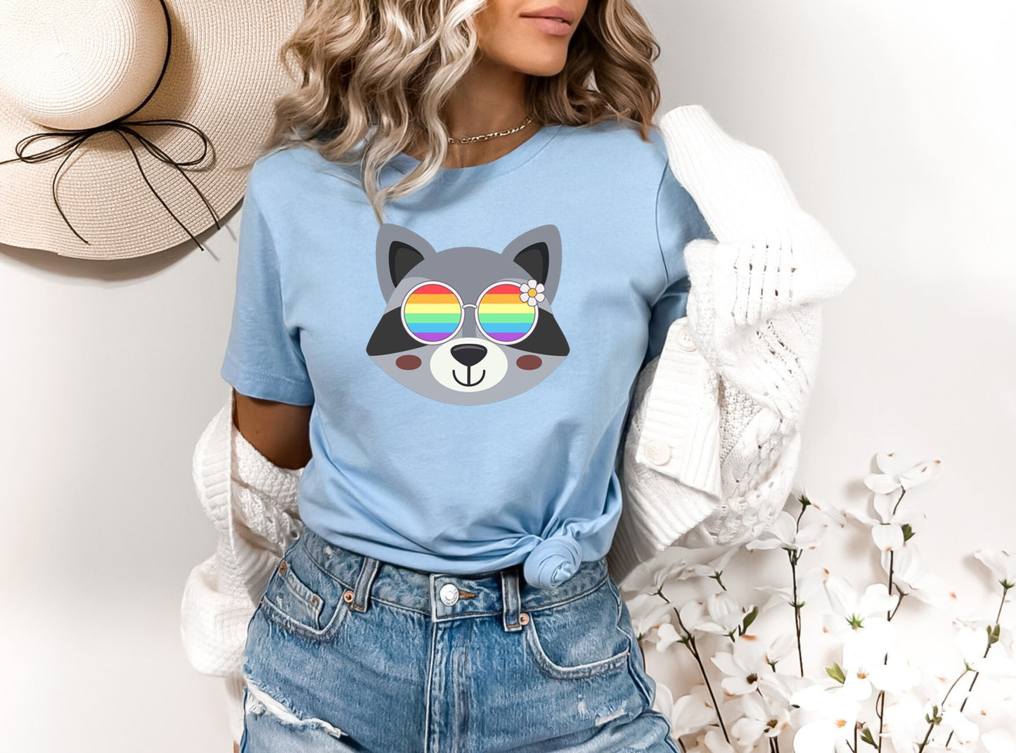 cute racoon with rainbow glasses shirt, Rainbow glasses on an adorable racoon, precious racoon showing off pride. Beautiful pride racoon