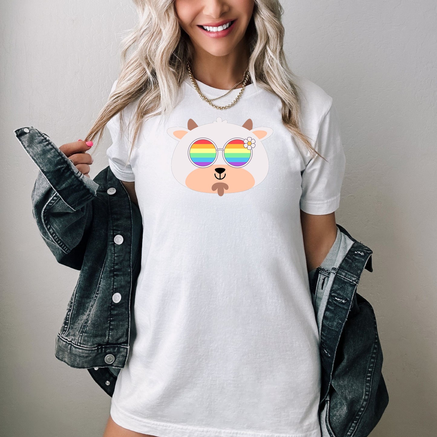Super cute goat with rainbow glasses shirt, Rainbow glasses on an adorable goat, precious goat showing off pride. Beautiful pride goat
