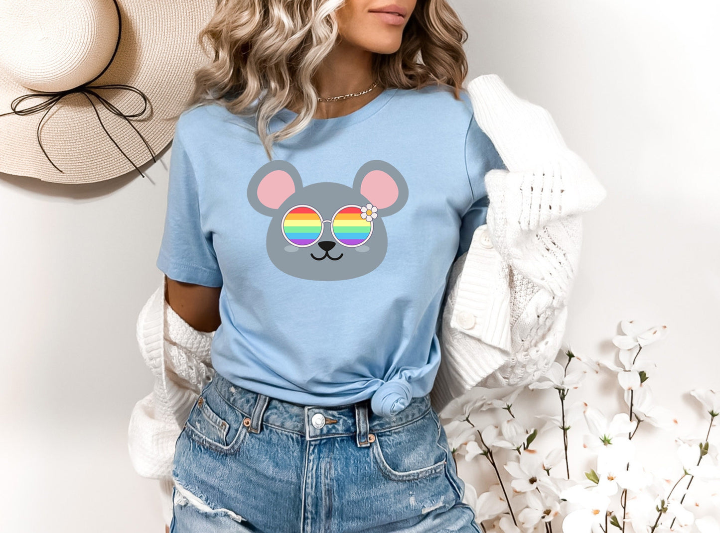 cute mouse rainbow glasses shirt blue hat, Rainbow glasses on an adorable mouse, precious mouse showing off pride. Beautiful pride mouse
