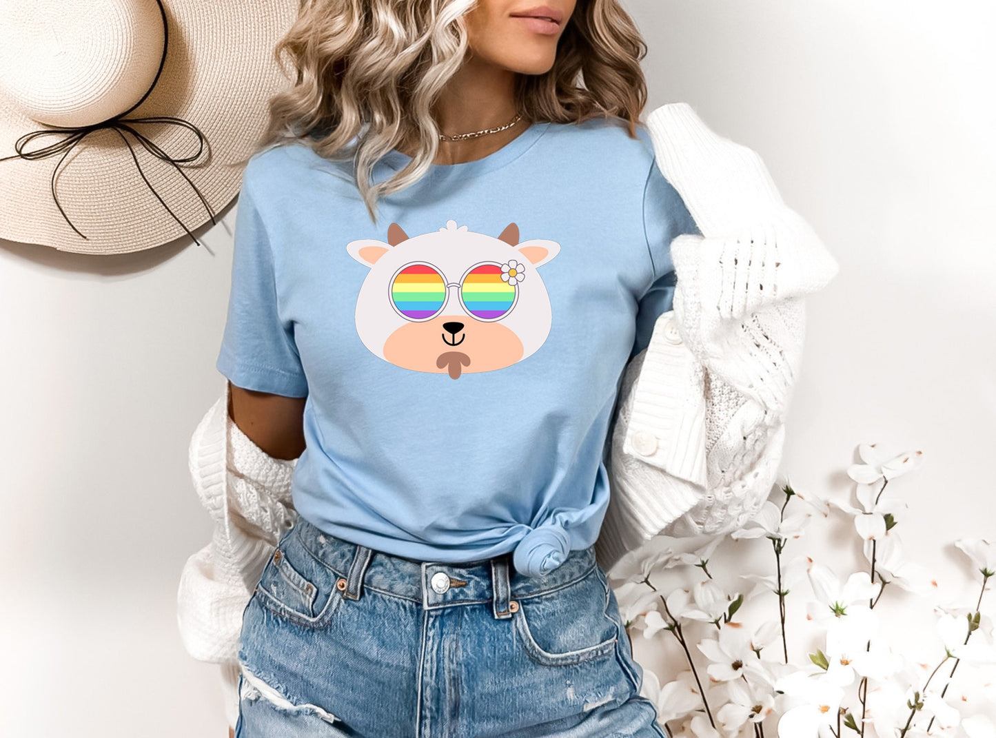 Super cute goat with rainbow glasses shirt, Rainbow glasses on an adorable goat, precious goat showing off pride. Beautiful pride goat