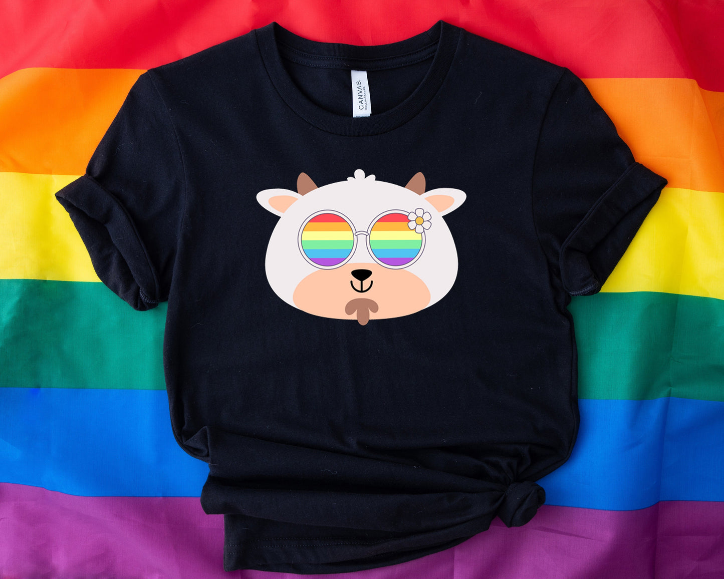 Super cute goat with rainbow glasses shirt, Rainbow glasses on an adorable goat, precious goat showing off pride. Beautiful pride goat