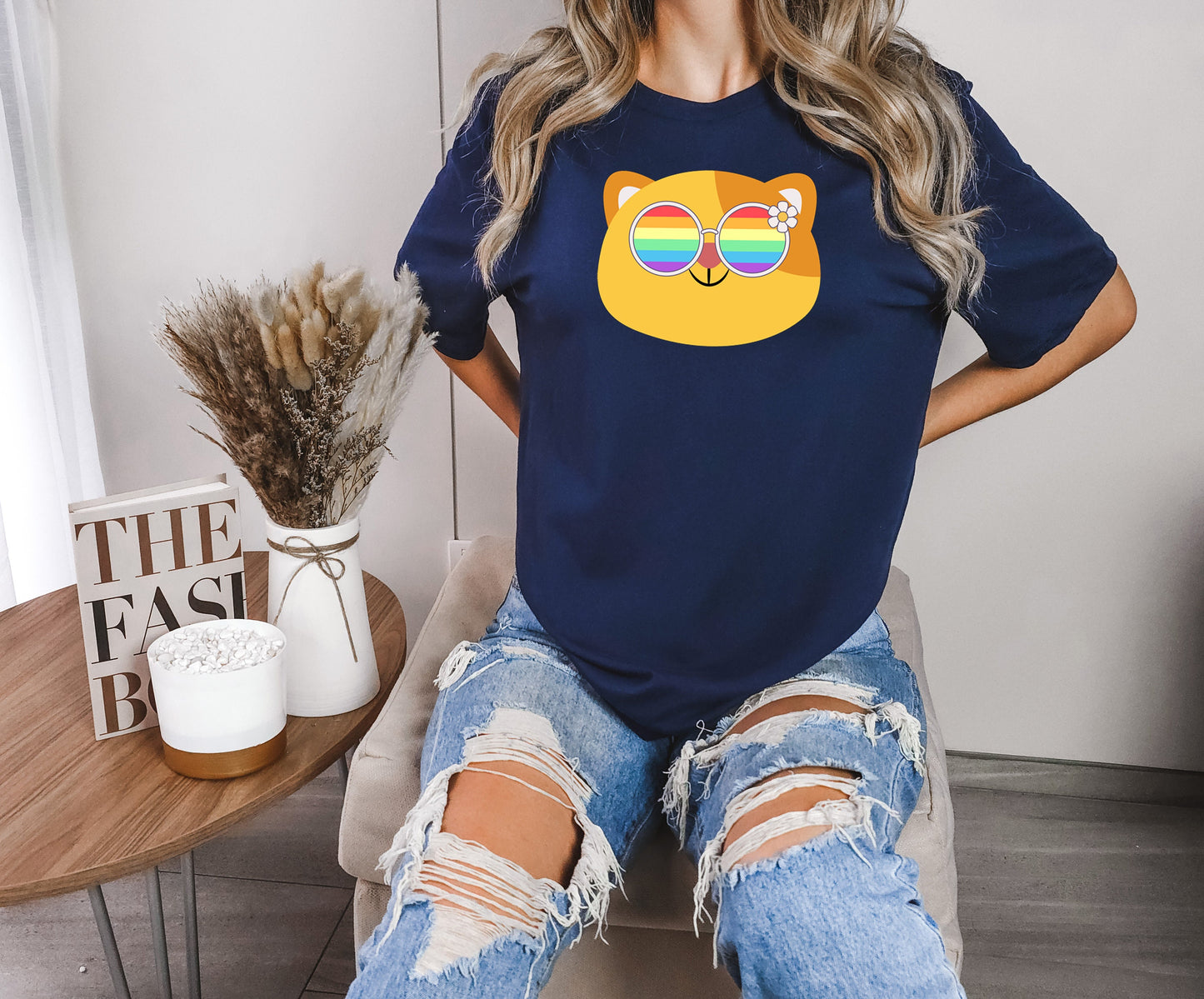 Super cute cat with rainbow glasses shirt blue hat, Rainbow glasses on an adorable cat, precious cat showing off pride. Beautiful pride cat