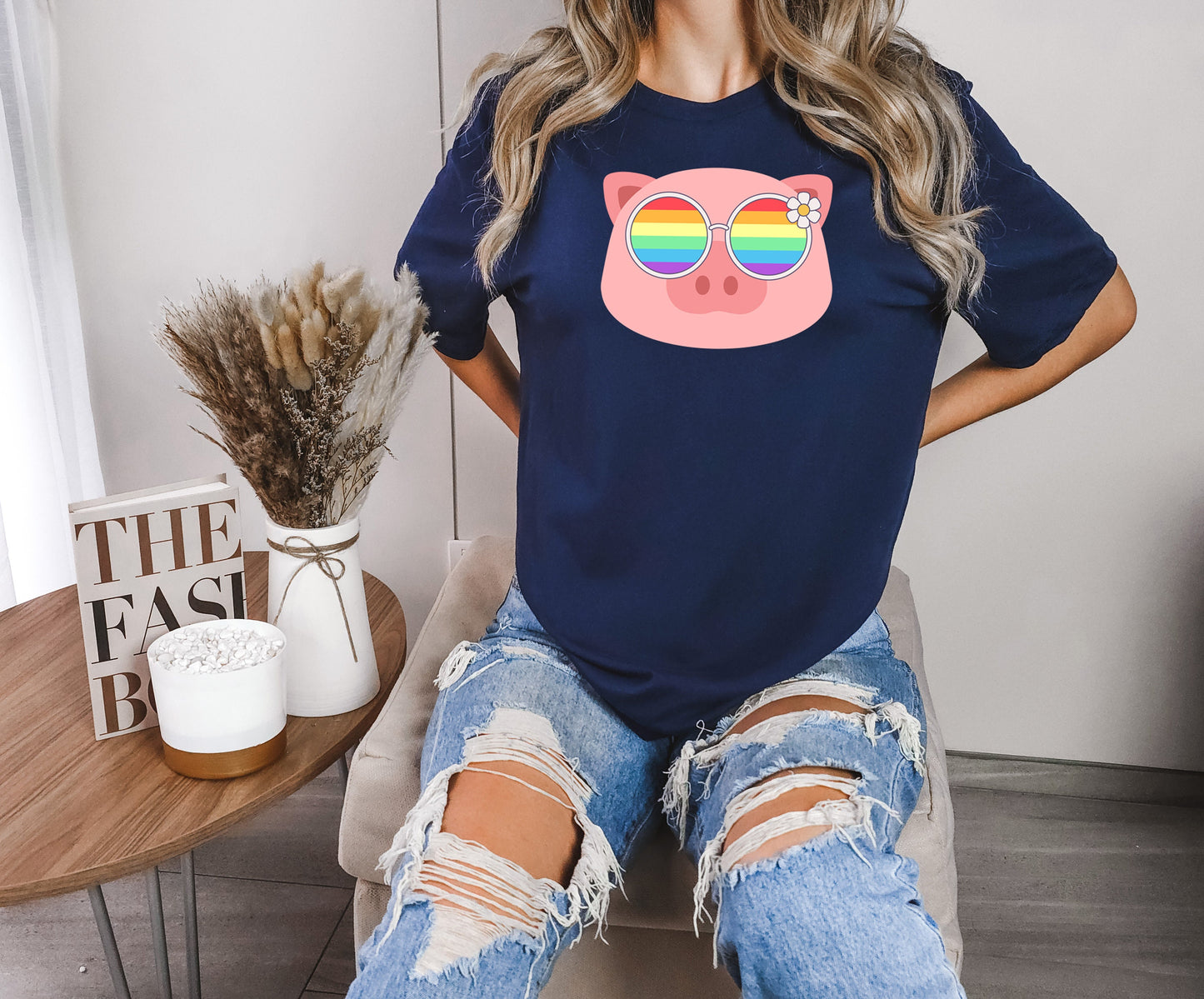 Super cute piggy rainbow glasses blue hat shirt, Rainbow glasses on an adorable pig, precious pig showing off pride. Beautiful pride pig