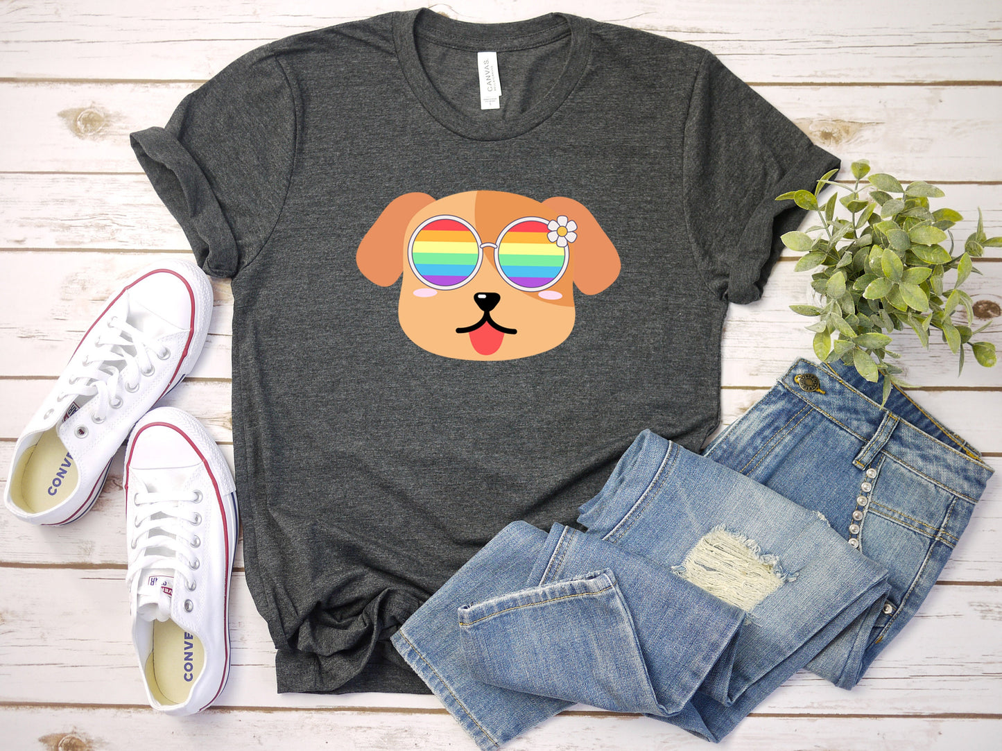 Super cute dog with rainbow glasses shirt blue hat, Rainbow glasses on an adorable dog, precious dog showing off pride. Beautiful pride dog