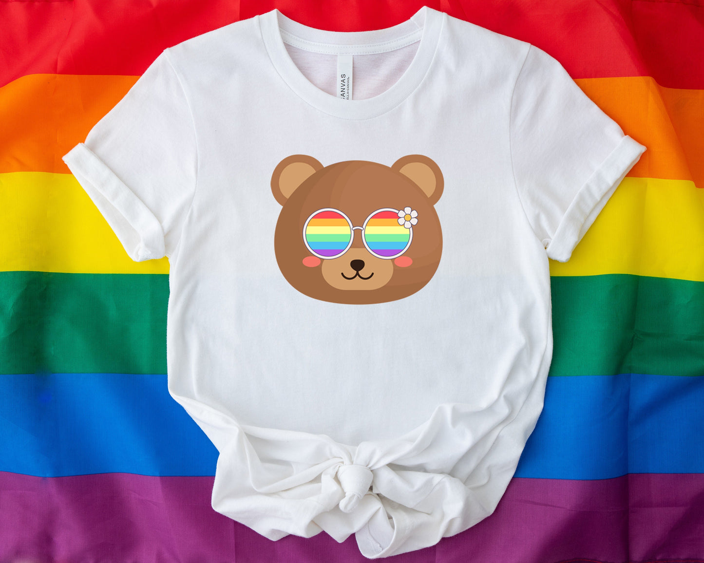 cute bear with rainbow glasses shirt blue hat, Rainbow glasses on an adorable bear, precious bear showing off pride. Beautiful pride bear
