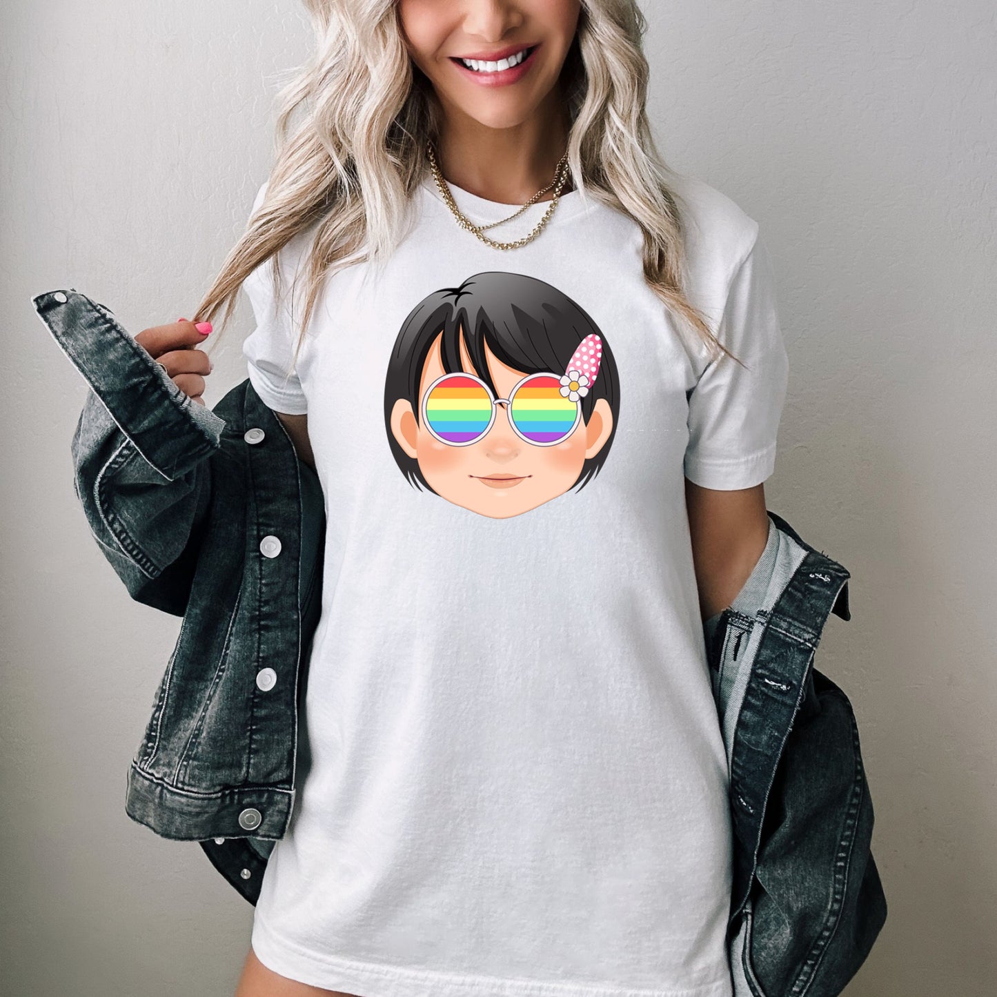 Super cute girl with rainbow glasses shirt, Rainbow glasses on an adorable girl, precious girl showing off pride. Beautiful pride girl
