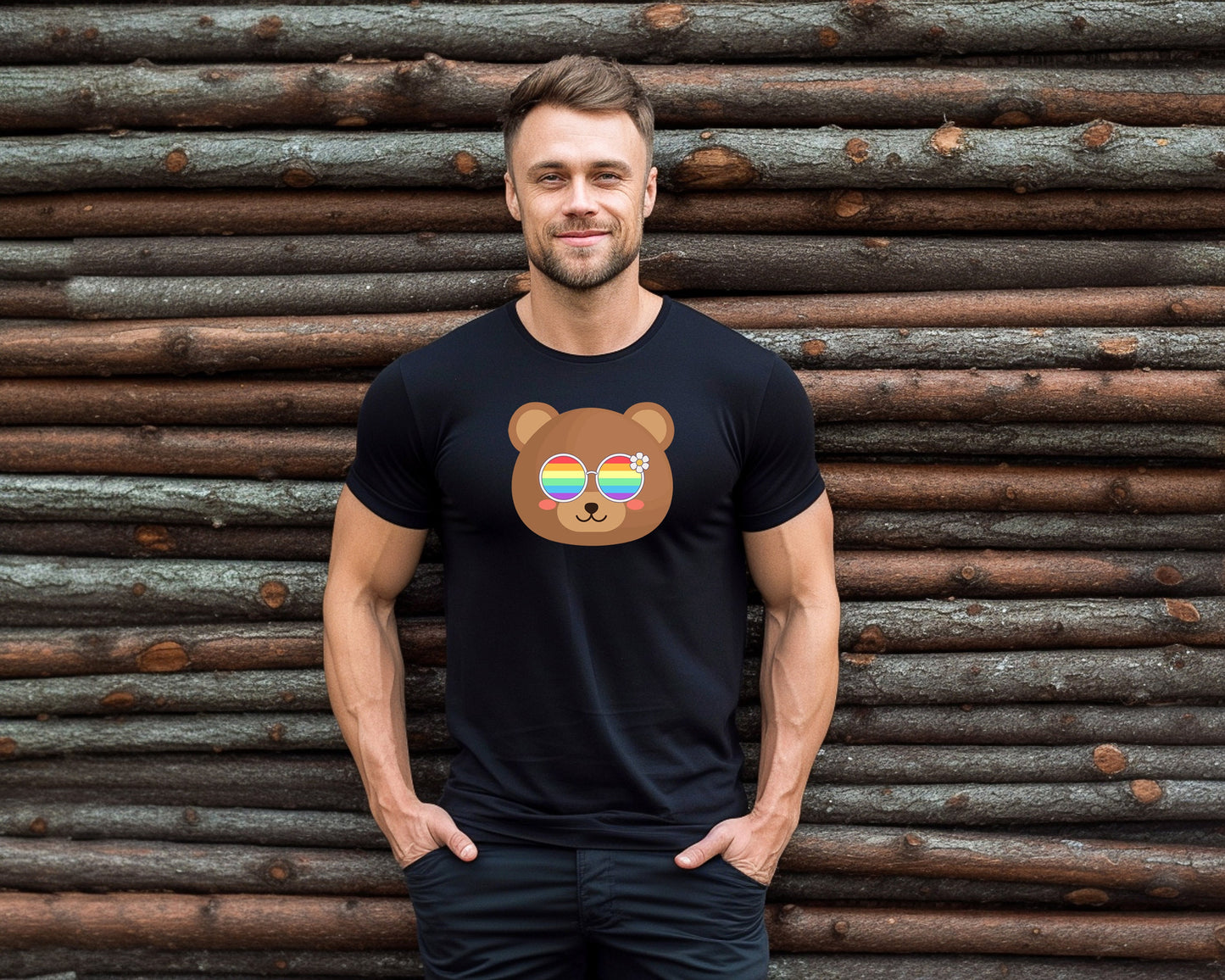 cute bear with rainbow glasses shirt blue hat, Rainbow glasses on an adorable bear, precious bear showing off pride. Beautiful pride bear