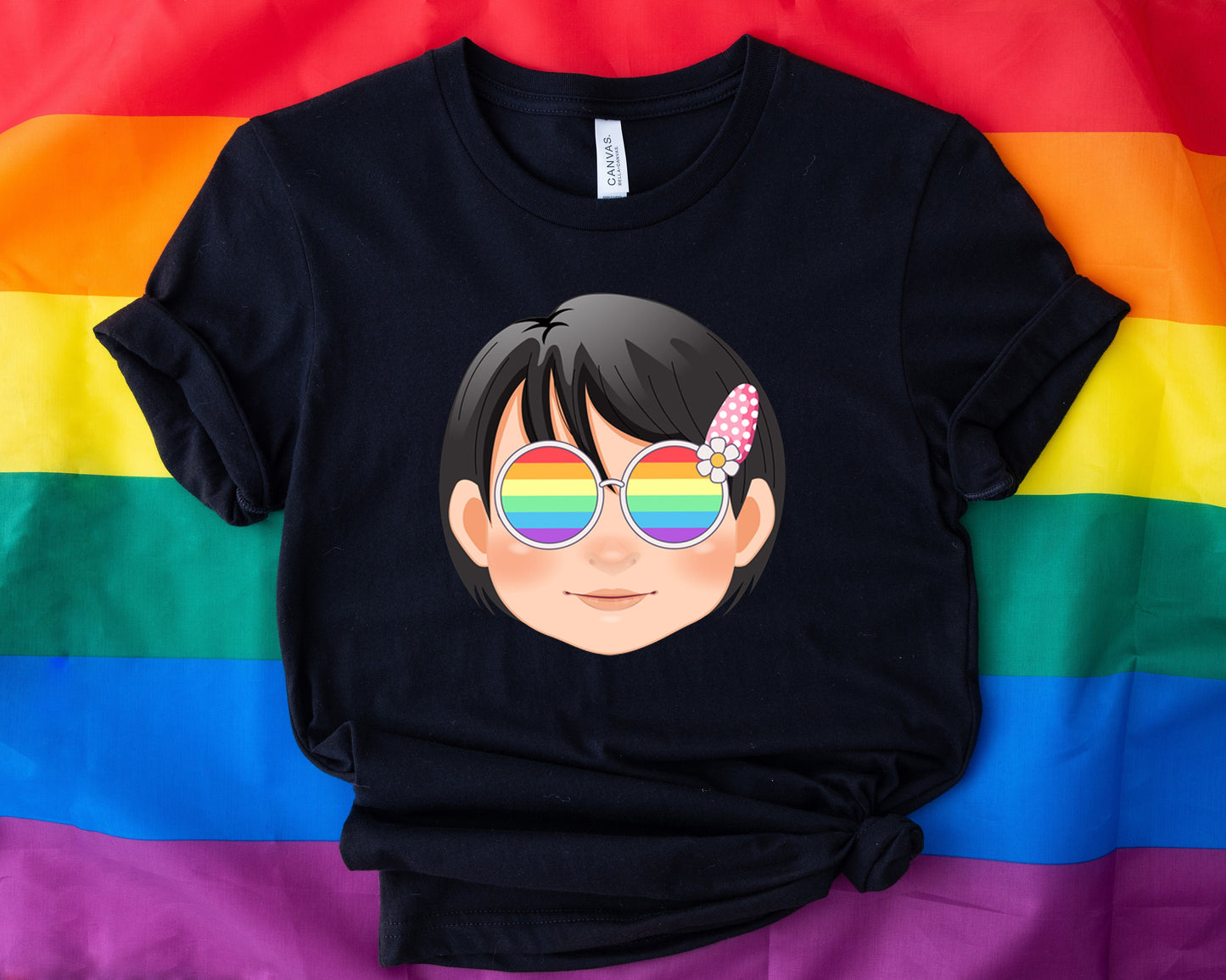 Super cute girl with rainbow glasses shirt, Rainbow glasses on an adorable girl, precious girl showing off pride. Beautiful pride girl