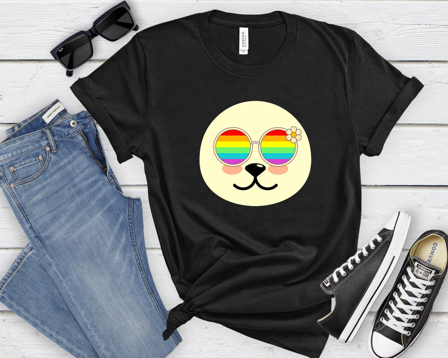 Super cute Seal with rainbow glasses shirt, Rainbow glasses on an adorable Seal, precious Seal showing off pride. Beautiful pride Seal