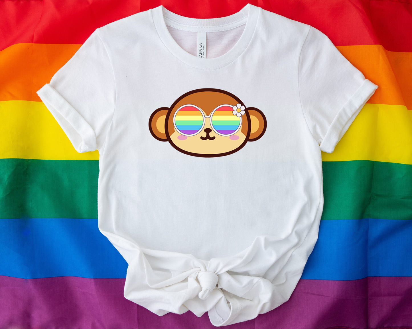 cute monkey rainbow glasses shirt blue hat, Rainbow glasses on an adorable monkey, precious monkey showing off pride. Beautiful pride monkey