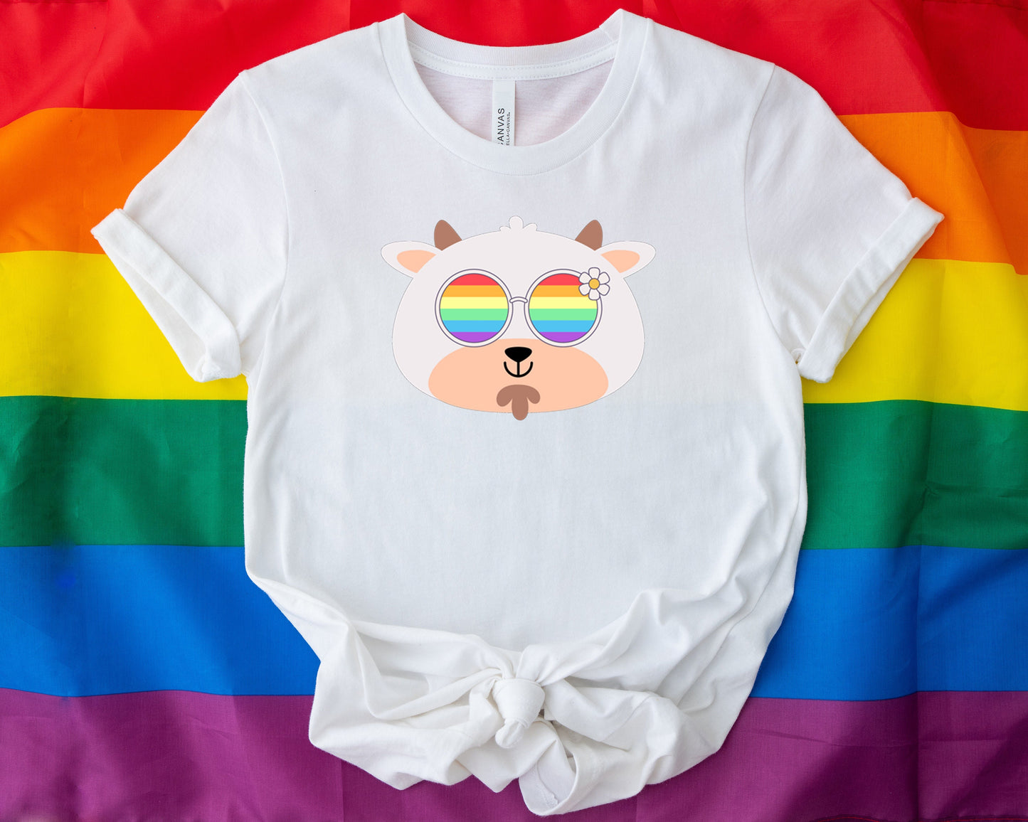 Super cute goat with rainbow glasses shirt, Rainbow glasses on an adorable goat, precious goat showing off pride. Beautiful pride goat