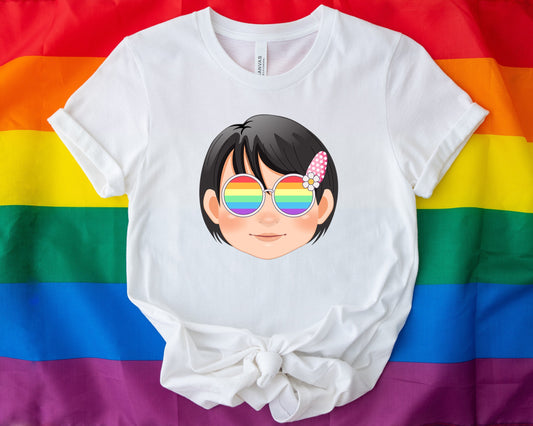 Super cute girl with rainbow glasses shirt, Rainbow glasses on an adorable girl, precious girl showing off pride. Beautiful pride girl