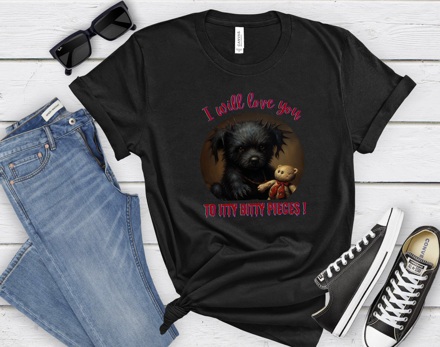 Halloween Puppy With Evil Intentions Shirt, I Love You To Itty Bitty Pieces Shirt, Cute Black dog with a dark secret shirt, creepy puppy tee