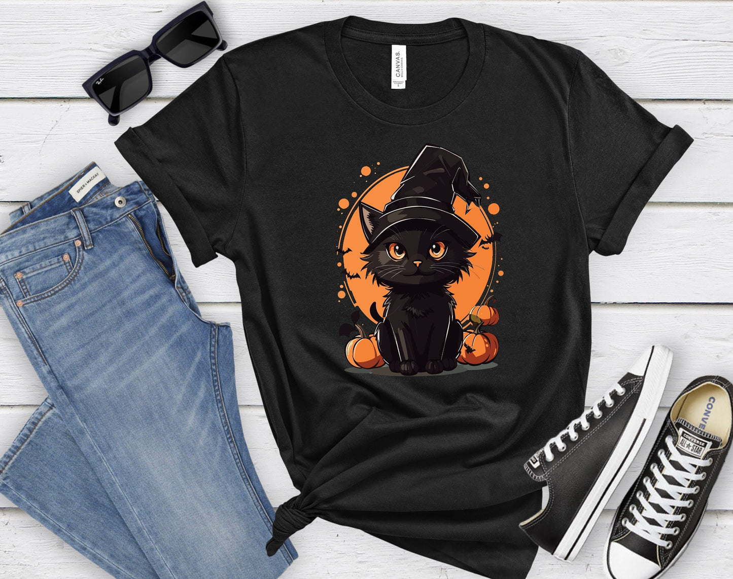 Halloween Black Cat Shirt, Cat Wants To Play Shirt, Cute Black Cat with Pumpkins And Bats shirt, Halloween Unlucky Cat With Witch Hat Shirt