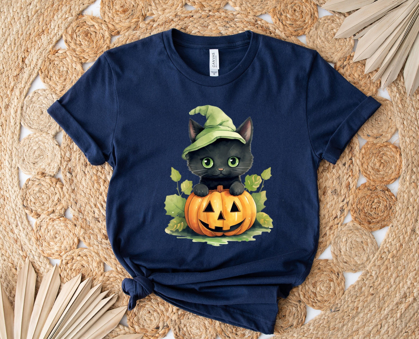 Halloween forest leaf Black Cat Shirt, Cat Wants To Play Shirt, Cute Black Cat with Pumpkins shirt, Halloween Witches forest Black Cat Shirt