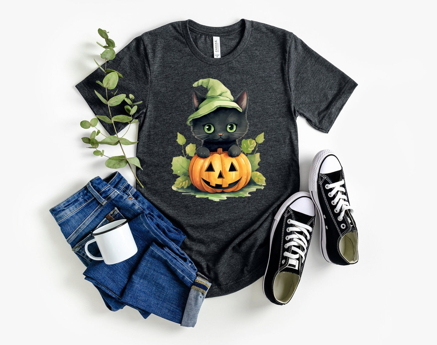 Halloween forest leaf Black Cat Shirt, Cat Wants To Play Shirt, Cute Black Cat with Pumpkins shirt, Halloween Witches forest Black Cat Shirt
