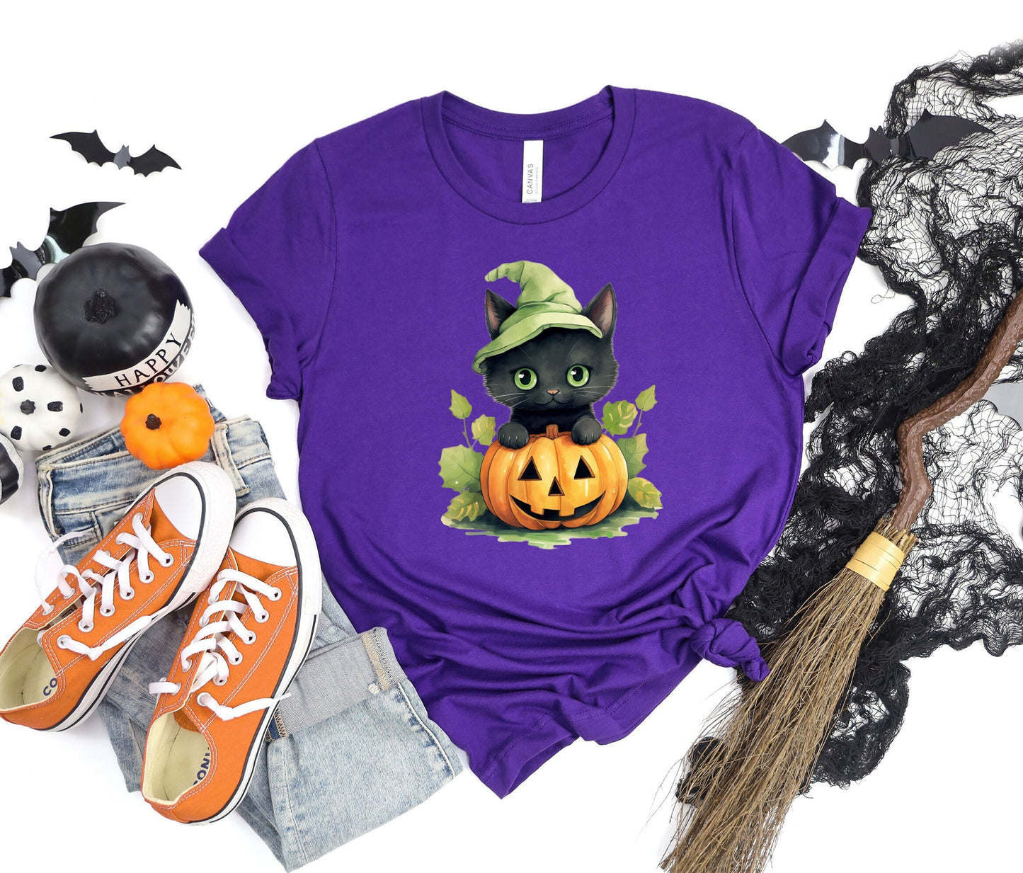 Halloween forest leaf Black Cat Shirt, Cat Wants To Play Shirt, Cute Black Cat with Pumpkins shirt, Halloween Witches forest Black Cat Shirt